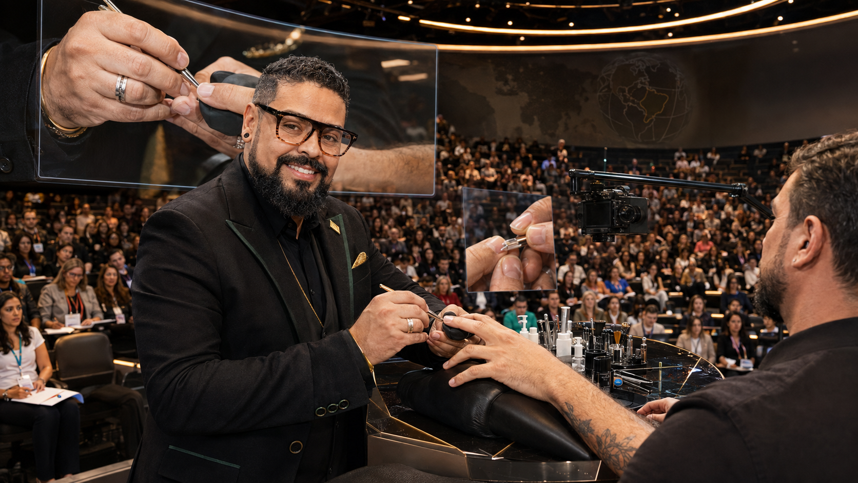 Editorial vision of Napoleão Canela teaching perfect male manicure to hundreds of students in 2036